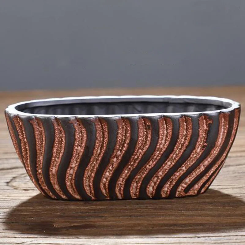 pots fleurs céramique glaçure abstraite bleu rose marron rustique plante verte artisanat