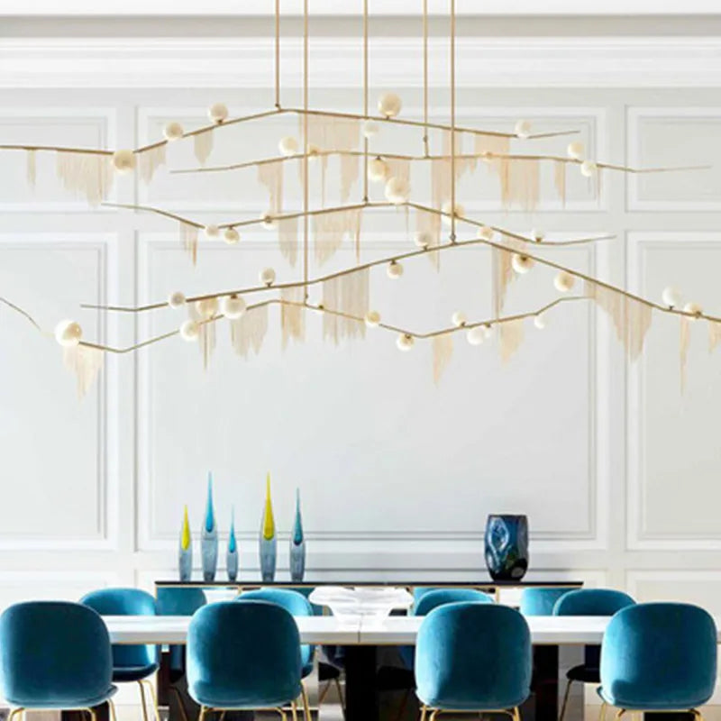 suspension lumineuse moderne or franges led touchette interrupteur chrome poli