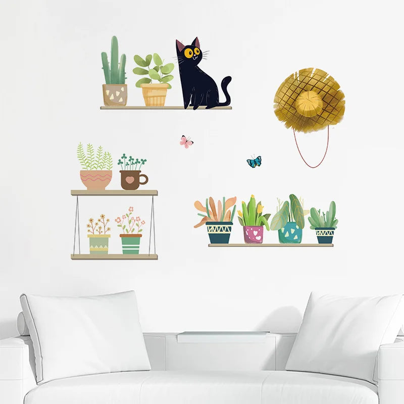 sticker mural décoration enfantine plantes pots chat papillons botanique mignon vert jaune