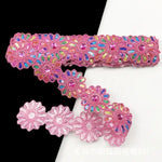 ruban décoratif fleurs strass brodé polyester rose bleu orange jaune marron opacité 6cm large