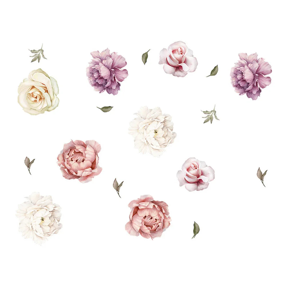 sticker mural fleur pivoine rose blanc romantique naturel adhésif chambre salon décoration moderne