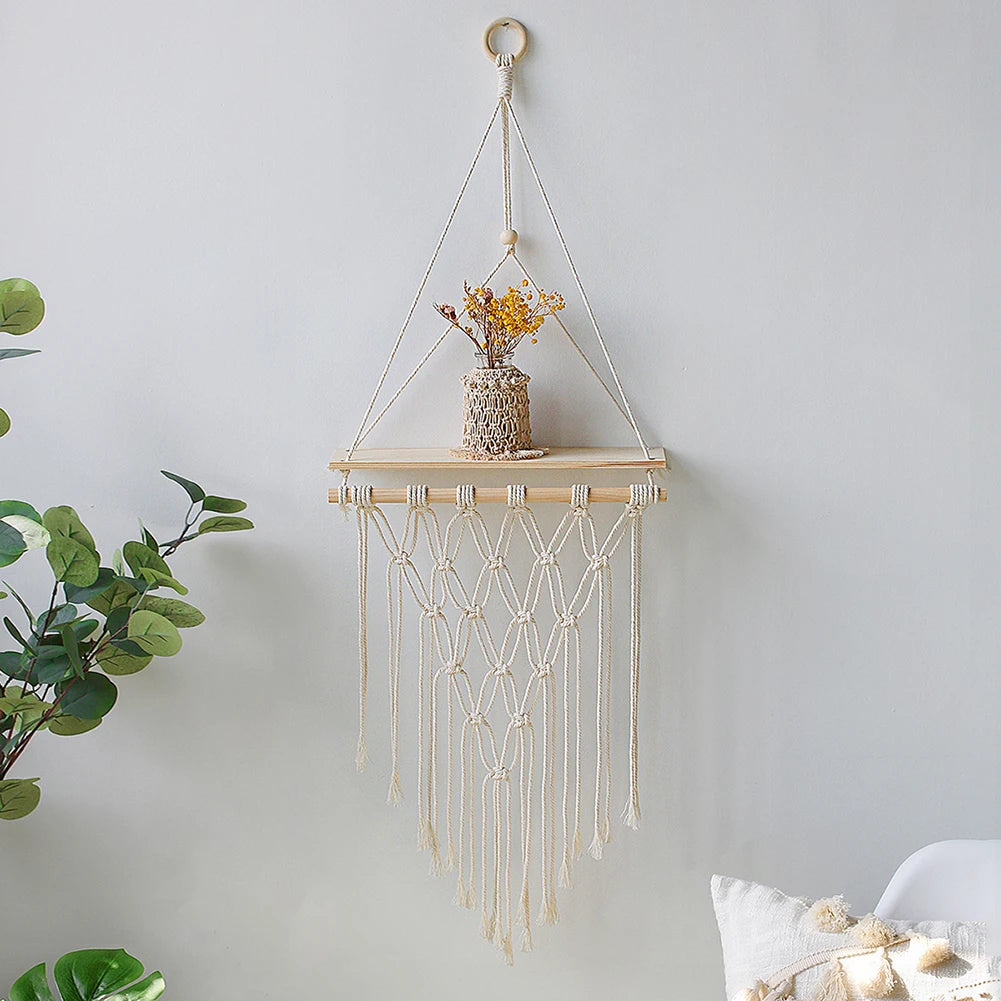 étagères suspendues boho blanc macramé bois rustique anneaux métalliques chambre salon étude decoration cadeau