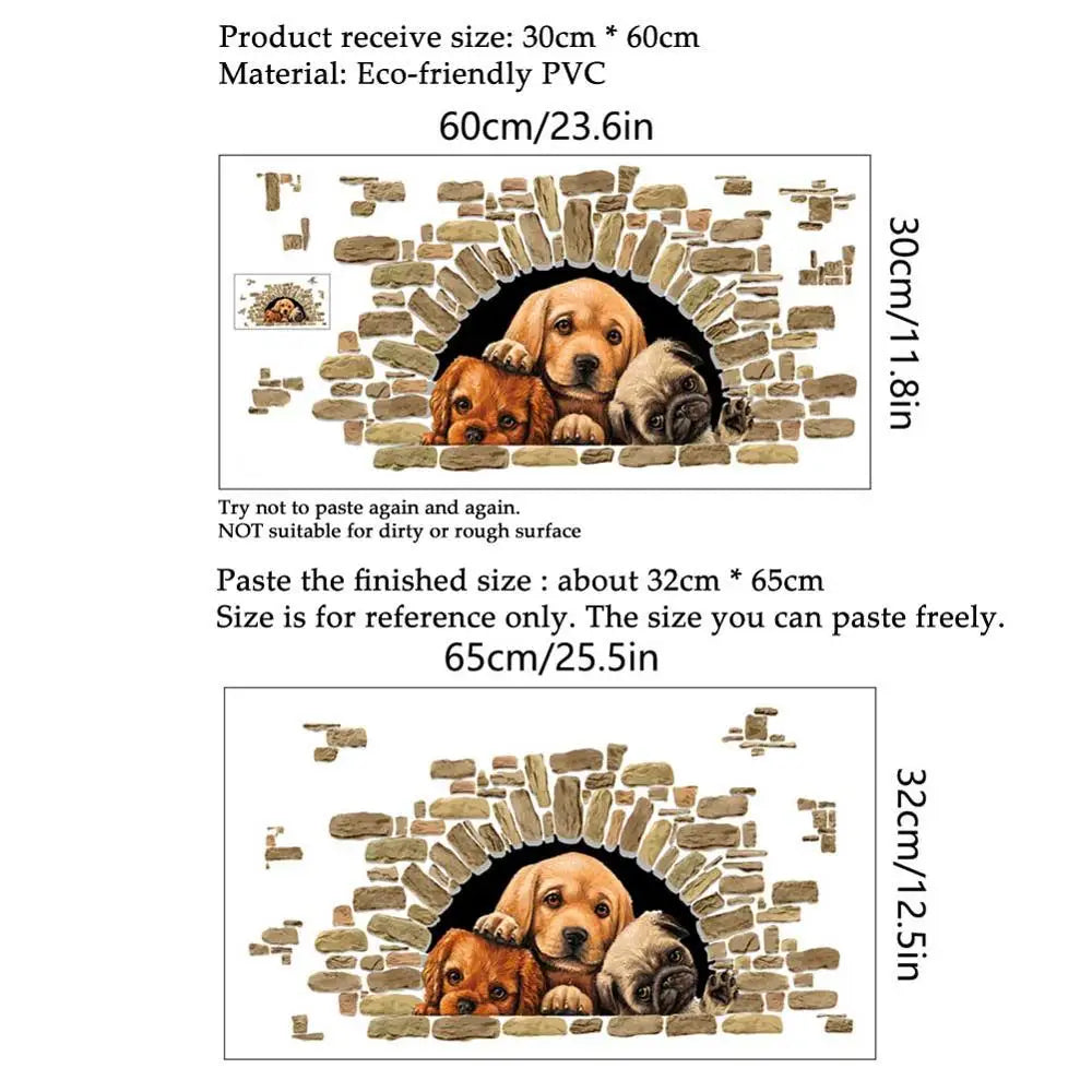 autocollant mural trois chiens animaux compagnie réaliste 3d salon chambre enfants pvc opaque