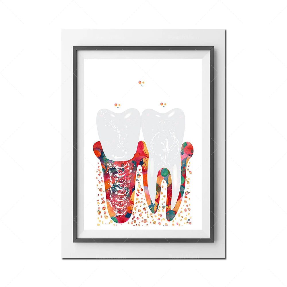 Une illustration colorée et abstraite de dents, représentant la santé et les soins dentaires de manière créative.