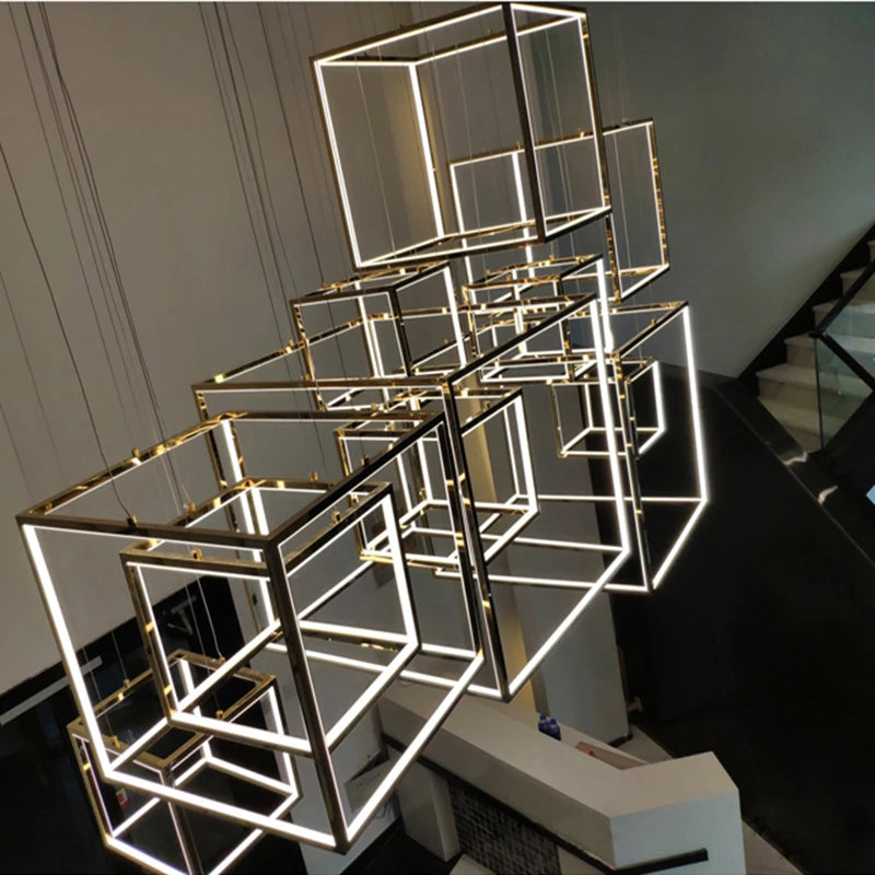suspension moderne or blanc géométrique forme cubique minimaliste led aluminium