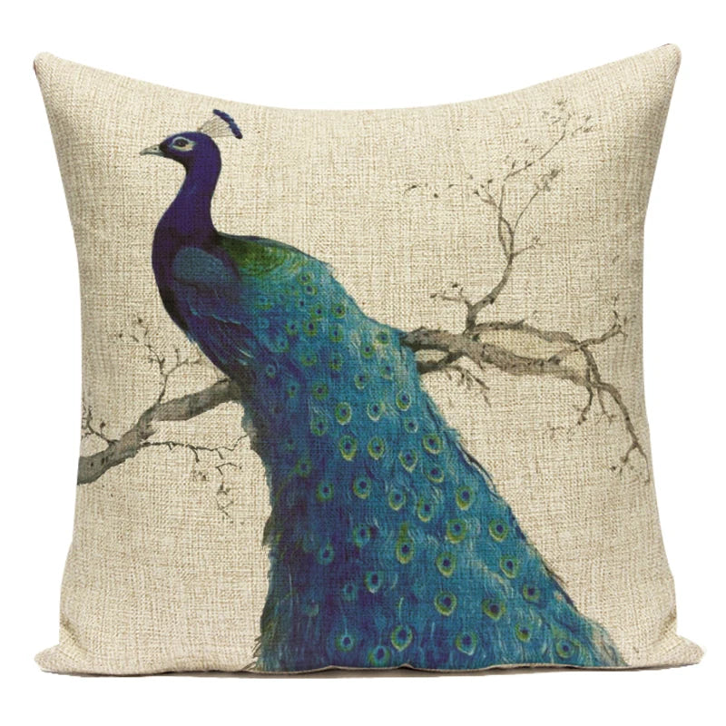 housse coussin carrée décorative motif paon bleu vert violet canapé salon moderne