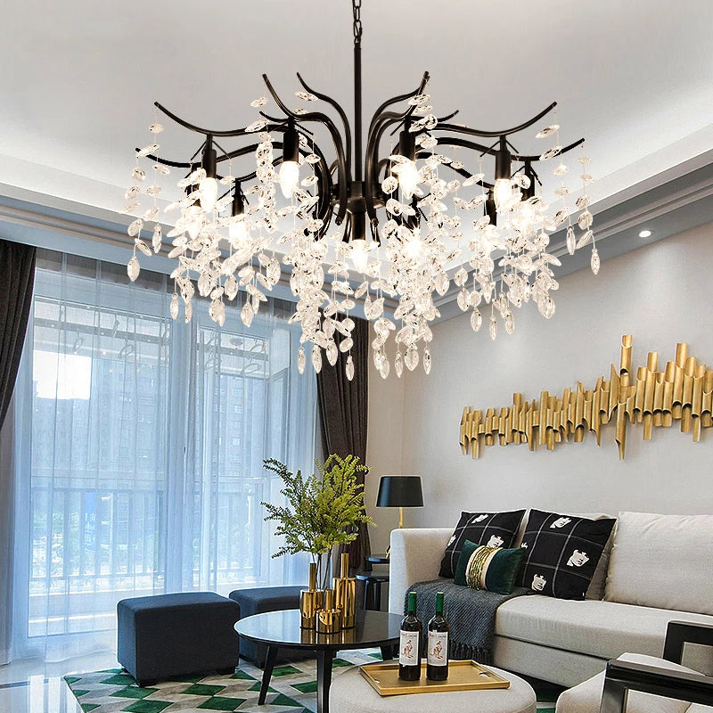 lustre moderne cristal K9 doré noir ampoules LED branches stylisées transparentes salon mariage
