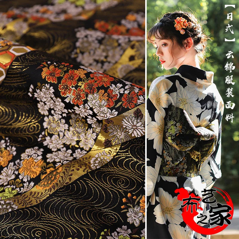 tissu traditionnel japonais brocart fleurs cerisier motifs géométriques noir rose pâle rouge vif