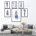 Série d'affiches anatomiques colorées représentant différentes vues détaillées de la main et du pied, avec des annotations techniques.