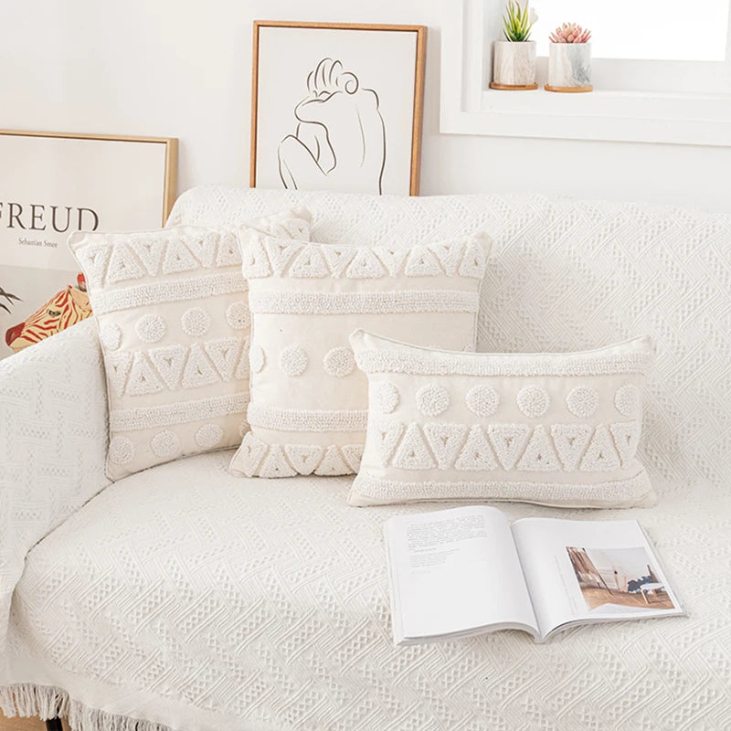 housses coussins coton blanc motif géométrique boho chic tassel opaques 45x45cm 30x50cm