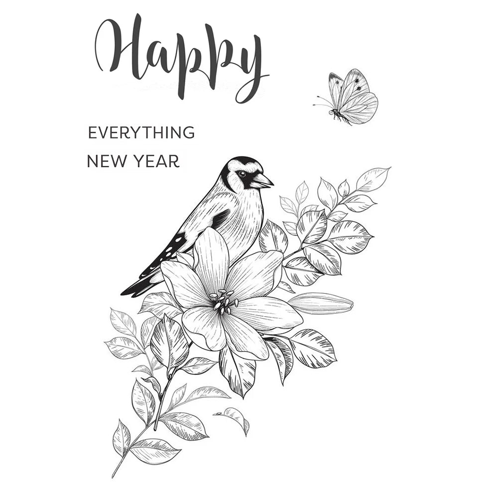 timbres décoratifs oiseaux fleurs calligraphie noir blanc bleu clair 100x150mmscrição floral illustration artisanale scrapbooking