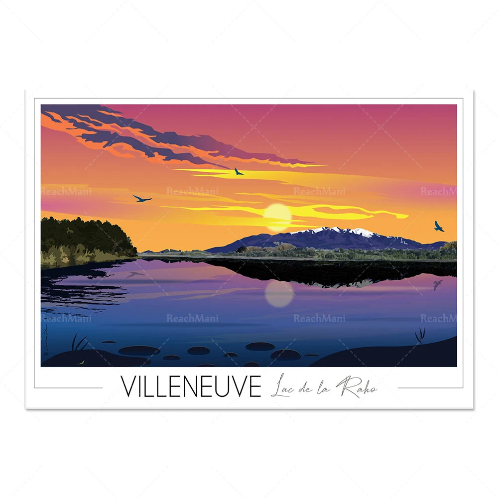Un coucher de soleil spectaculaire se reflète dans un lac tranquille, avec des montagnes enneigées et des oiseaux volant dans un ciel coloré au-dessus de Villeneuve, un endroit pittoresque au bord de l'eau.