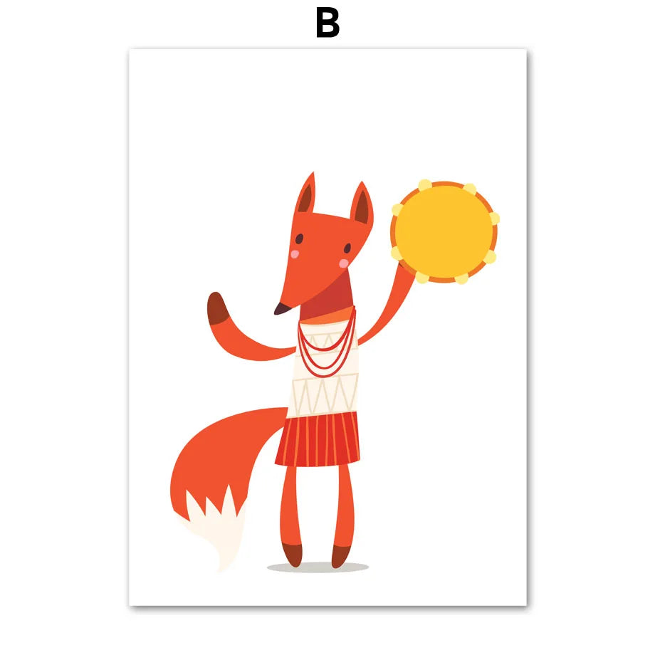 Une illustration colorée et ludique représentant un renard jouant avec un tambour doré.