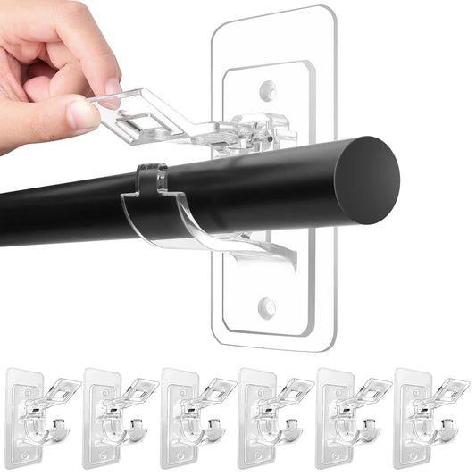 Support adhésif transparent maintenant une tringle noire, facile à fixer sur un mur lisse sans perçage.