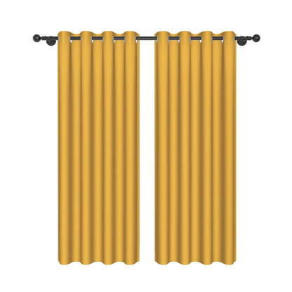 Paire de rideaux jaune moutarde au tombé élégant, conçus avec des œillets pour tringle, vue produit sur fond blanc.