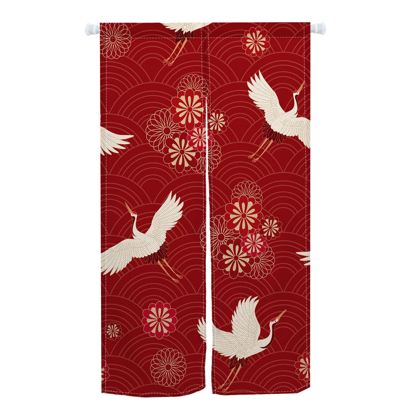 Rideau rouge orné de grues blanches et fleurs stylisées, ambiance japonaise raffinée pour entrée extérieure