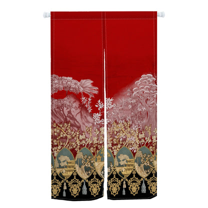 Rideau rouge pour porte d'entrée avec illustration florale et paysage japonais en doré et noir, style traditionnel élégant