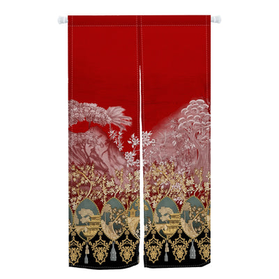 Rideau rouge pour porte d'entrée avec illustration florale et paysage japonais en doré et noir, style traditionnel élégant