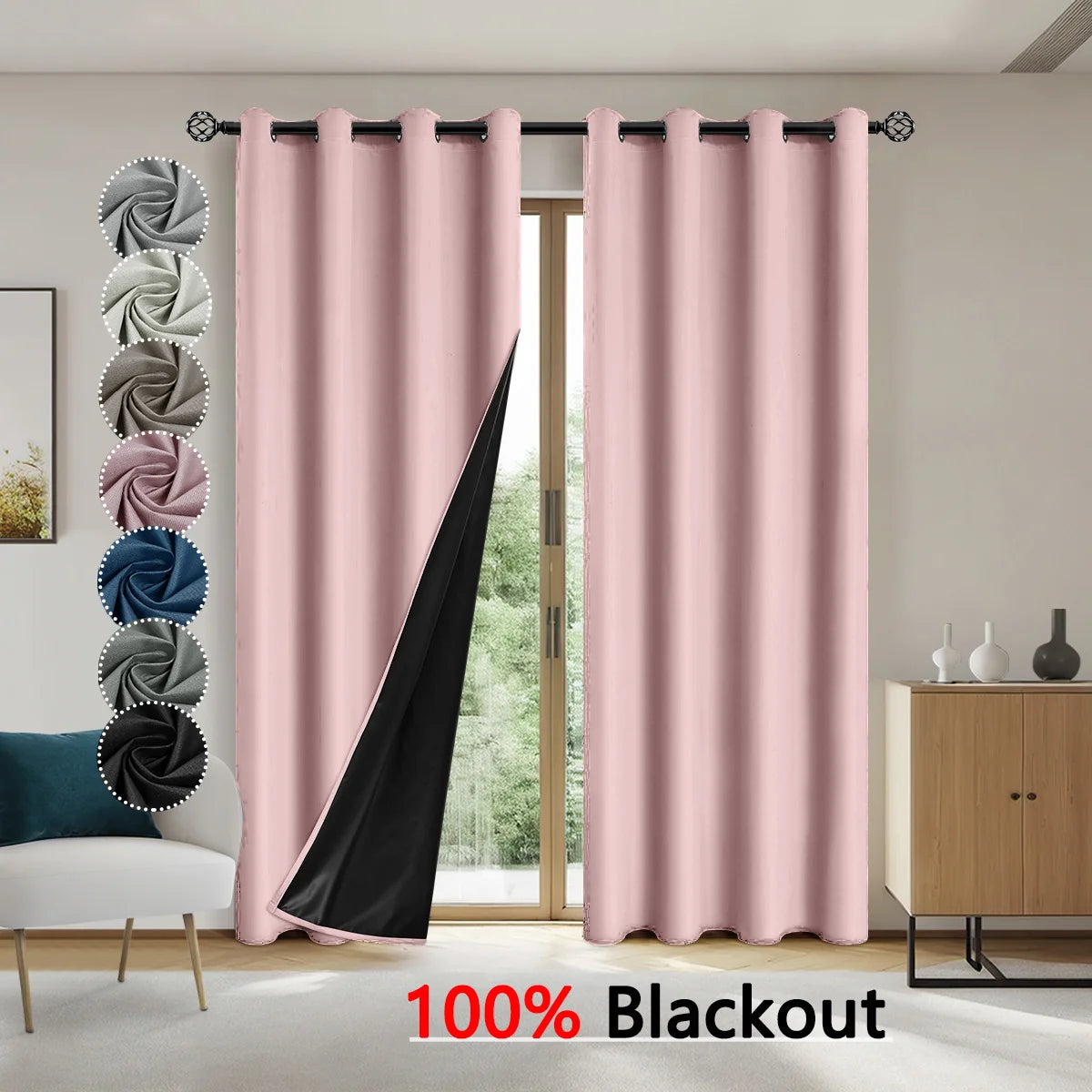 Rideau occultant vieux rose avec doublure noire, effet 100% blackout, présenté avec plusieurs coloris disponibles sur le côté.