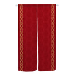 Rideau rouge avec motifs géométriques centrés et lignes dorées sur les côtés, design japonais élégant