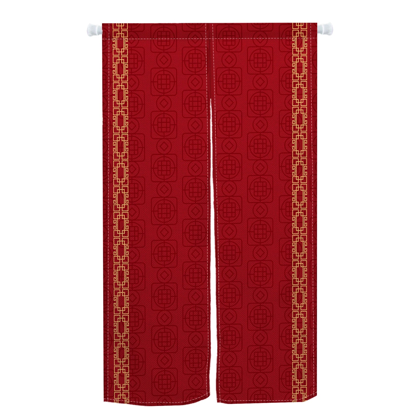 Rideau rouge avec motifs géométriques centrés et lignes dorées sur les côtés, design japonais élégant