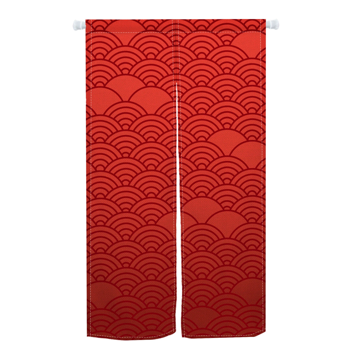 Rideau rouge japonais avec motifs graphiques de vagues Seigaiha, idéal pour porte d’entrée extérieure