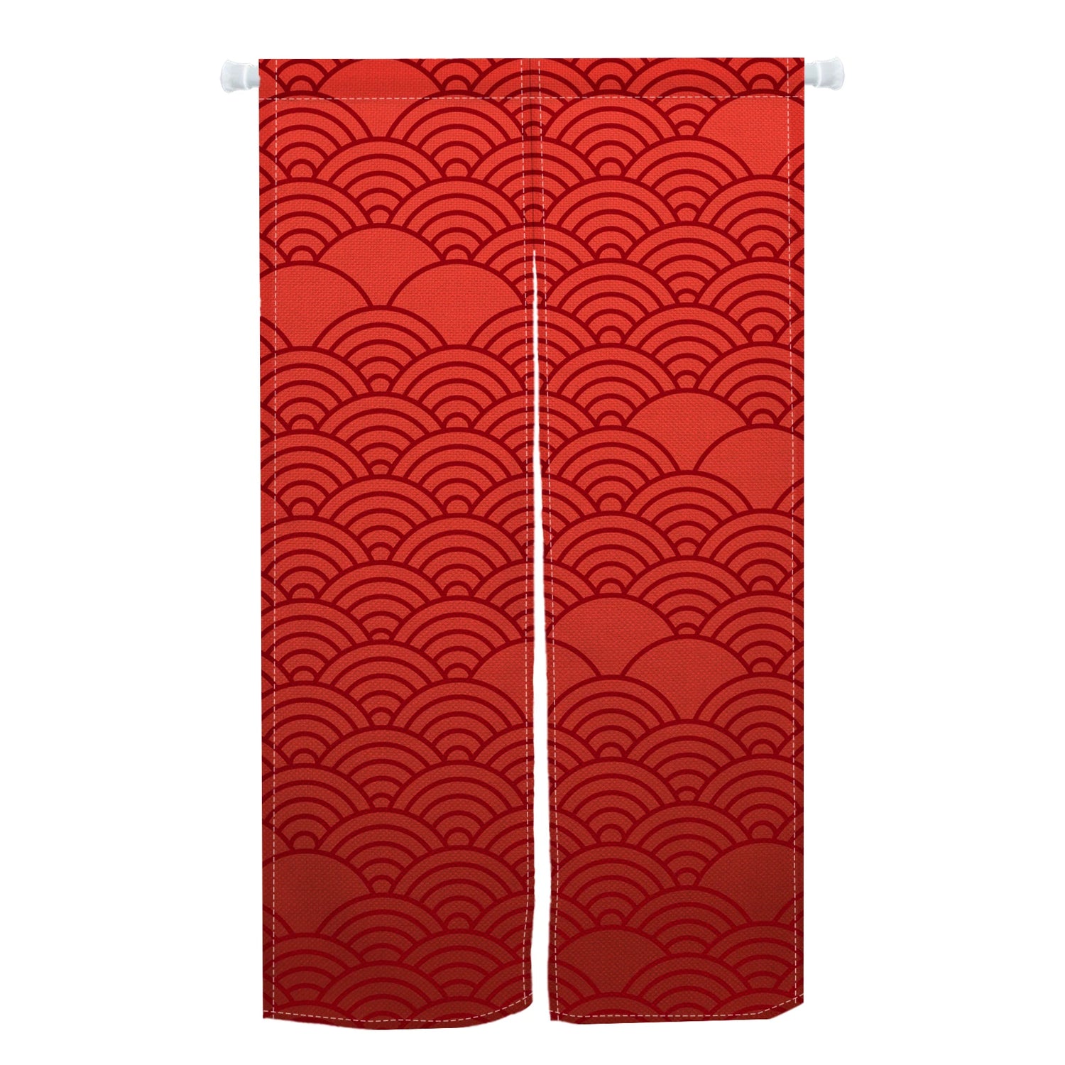 Rideau rouge japonais avec motifs graphiques de vagues Seigaiha, idéal pour porte d’entrée extérieure