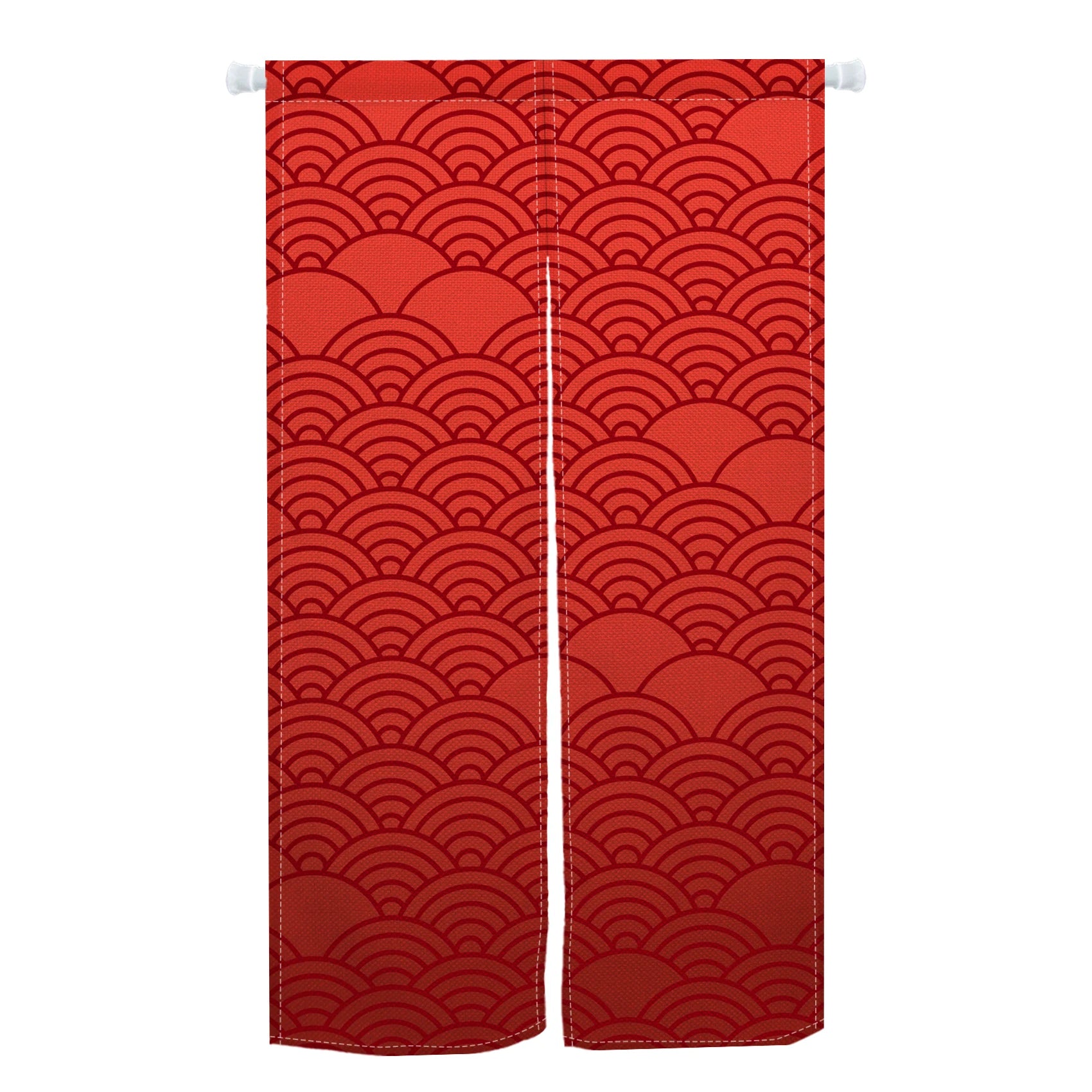 Rideau rouge japonais avec motifs graphiques de vagues Seigaiha, idéal pour porte d’entrée extérieure