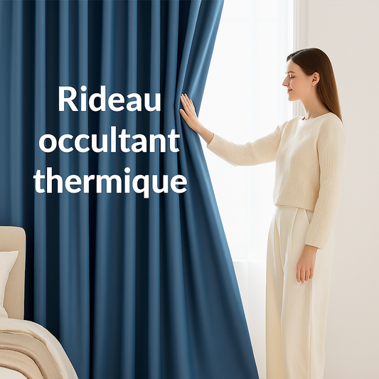 Femme touchant un rideau thermique occultant bleu, tissu doux et isolant pour une décoration élégante de chambre.