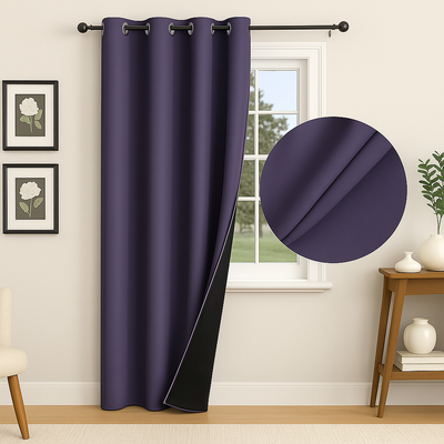 Rideau violet foncé occultant installé sur une tringle, partiellement ouvert pour montrer la doublure noire, dans une pièce lumineuse et décorée avec goût.