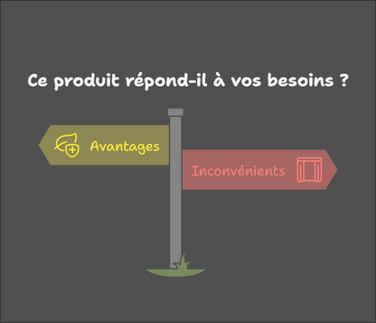 Signalétique indiquant les avantages et inconvénients d'un produit, questionnant son adéquation avec vos besoins. Flèche verte vers les avantages et flèche rouge vers les inconvénients sur fond gris.
