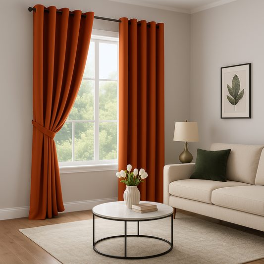 Photographie d’un salon moderne avec des rideaux drapés de couleur terracotta, vue latérale depuis le centre de la pièce, mettant en valeur la luminosité naturelle et le style contemporain.