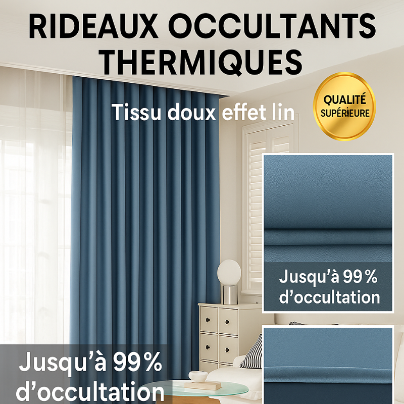 Rideaux occultants thermiques bleu effet lin avec 99% d'occultation, tissu doux et qualité supérieure.