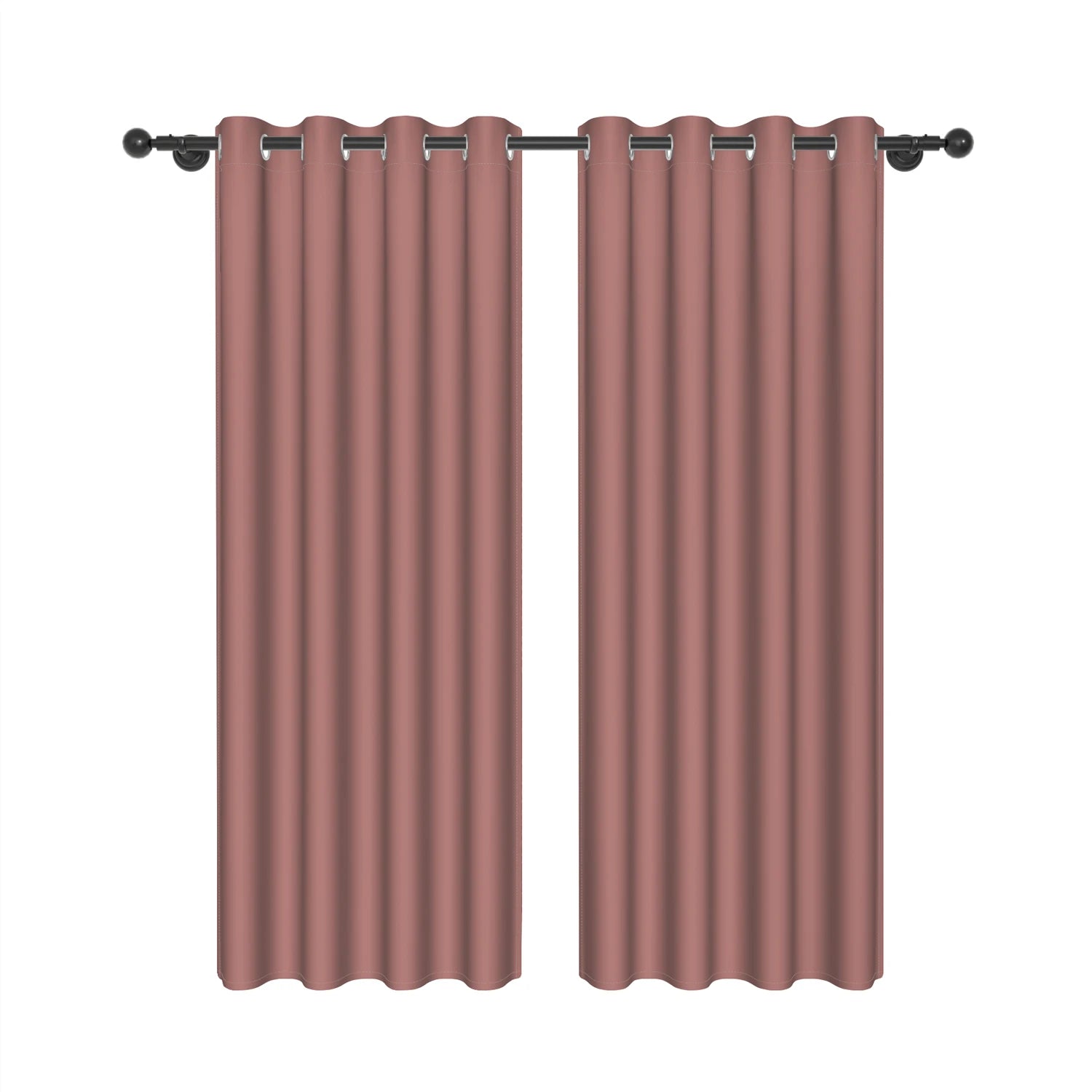 Ensemble de deux rideaux occultants vieux rose à œillets, présenté sur fond blanc, idéal pour bloquer la lumière dans une chambre ou un salon.