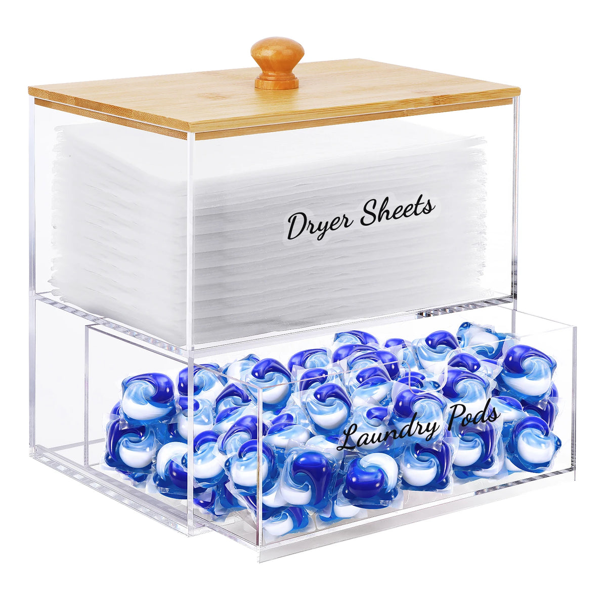boîte rangement transparente multifonctionnelle bois naturel étiquettes imperméables lessive lingettes repassage Pods pins booster