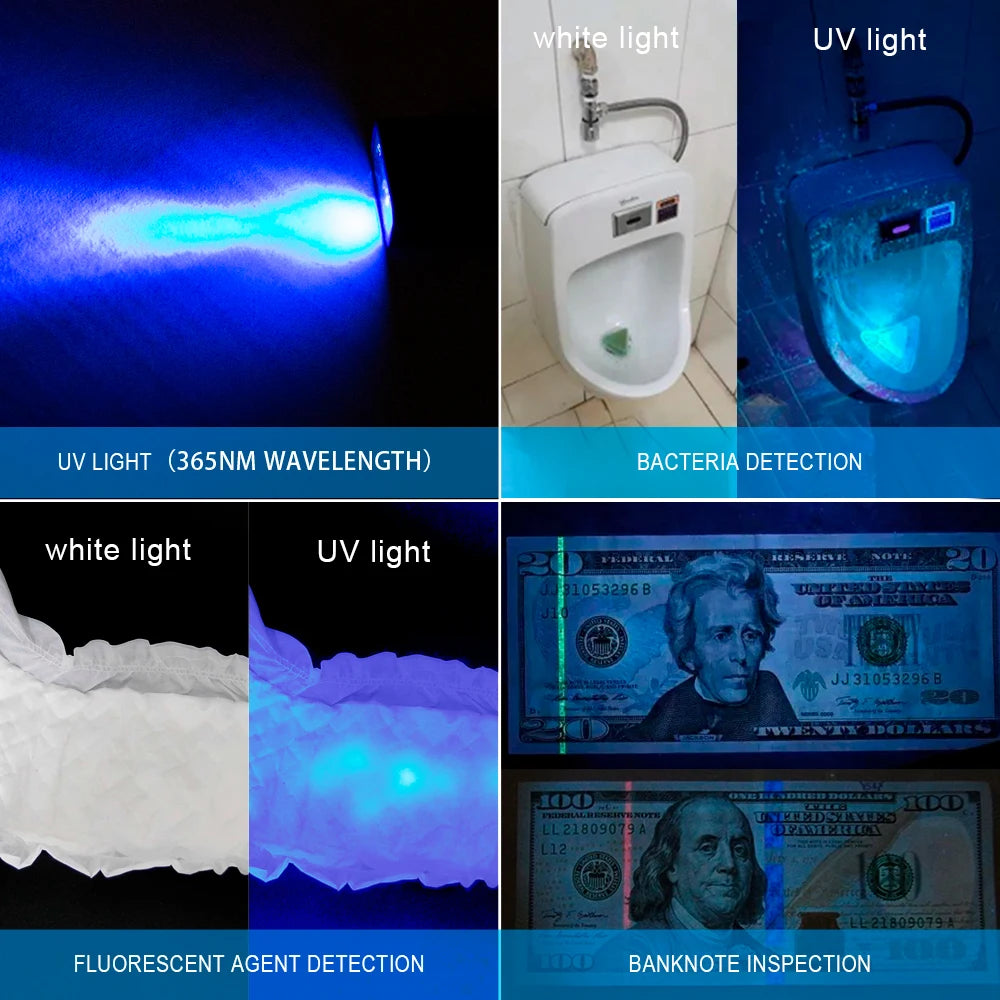 lampe torchon rechargeable uv violet bleu texture metallique anneau fixation moderne compact