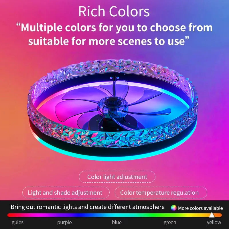ventilateur led intelligent rvb vitesses ciel étoilé moderne cristal translucent télécommande
