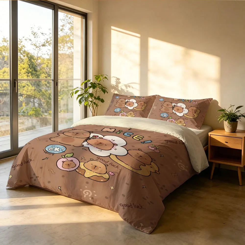 ensemble literie enfant mignon couvre lit taies oreiller motif personnages anthropomorphes kawaii