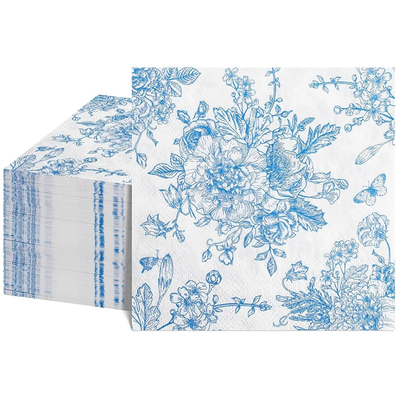 serviettes papier fleurs papillons vintage blanc bleu cocktail mariage anniversaire festive respectueux environnement classique