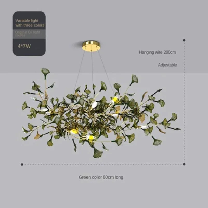 suspension lumineuse moderne feuilles vertes blanches dorées naturelle chambre salon decoration