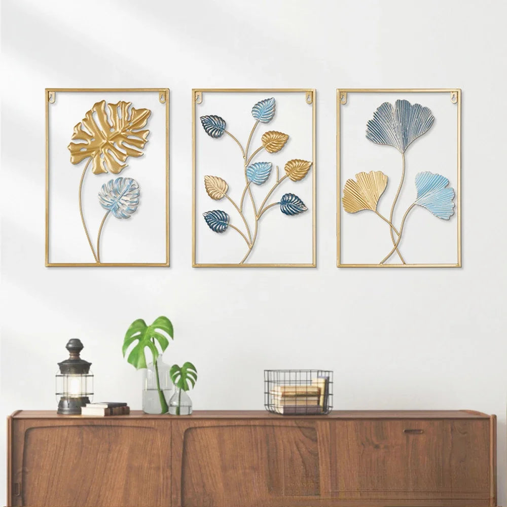 décoration murale métal feuilles stylisées bleu doré jaune art moderne salon maison intérieur