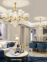 lustre led cristal ornementation dorée contemporain salon salle manger villa