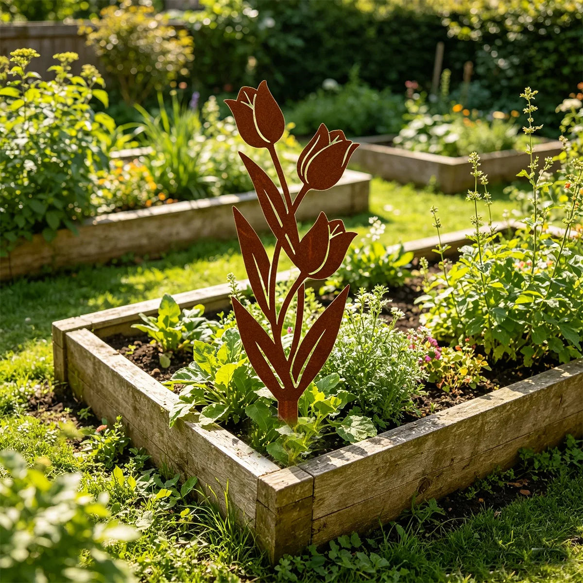 plaque décorative métallique moderne tulipes marron clair extérieur jardin pot fleurs minimaliste embellissement artistique