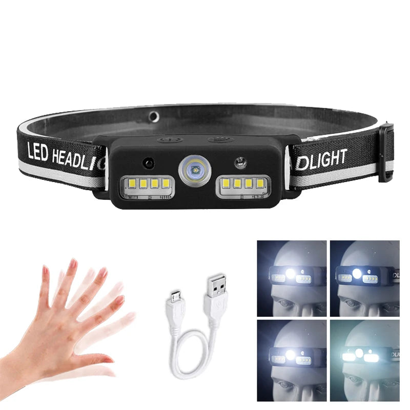 lampe frontale led rechargeable camping pêche course nuit mode géométrique multicolore noir blanc gris
