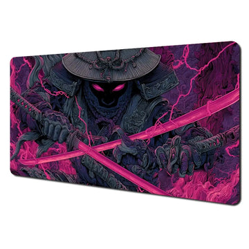 tapis jeu cartes magiques motif samouraï paysage fantastique violet rose noir blanc artistique