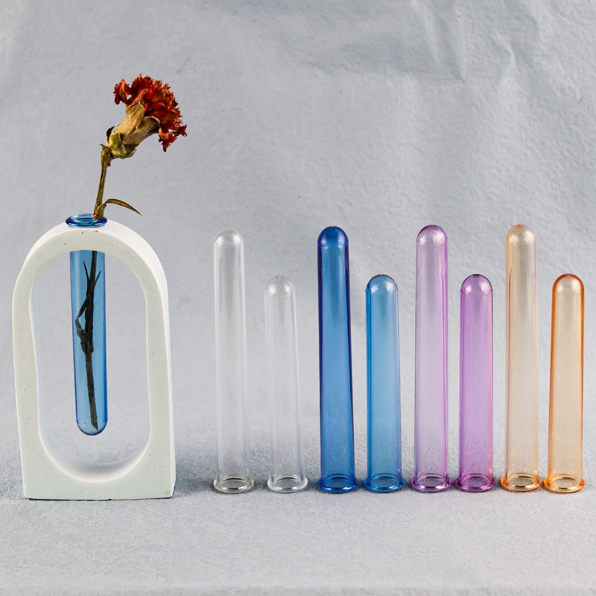 vases tubes essai transparent blanc bleu violet orange decoration maison hydroponie plantes fabrication minimaliste