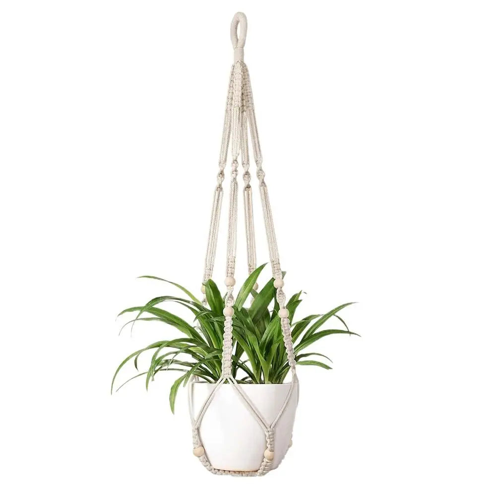 support plante suspendue macramé boho blanc beige noir artisanal anneaux métalliques pot plante