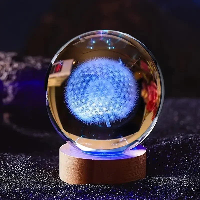 veilleuse boule lumineuse 3d dandelion transparente moderne câble usb base bois déco anniversaire cadeau