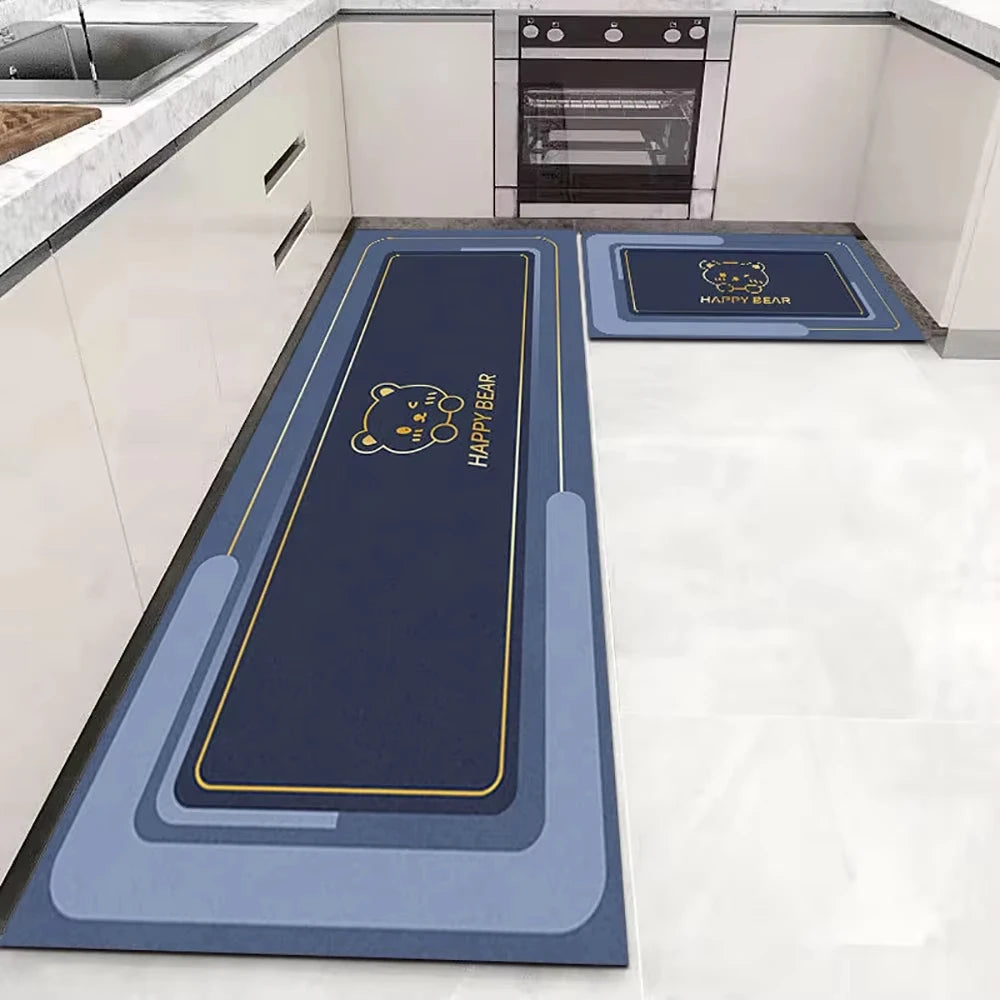 tapis cuisine gris bleu marine doré motif fourchette ours moderne imperméable lavable non glissant