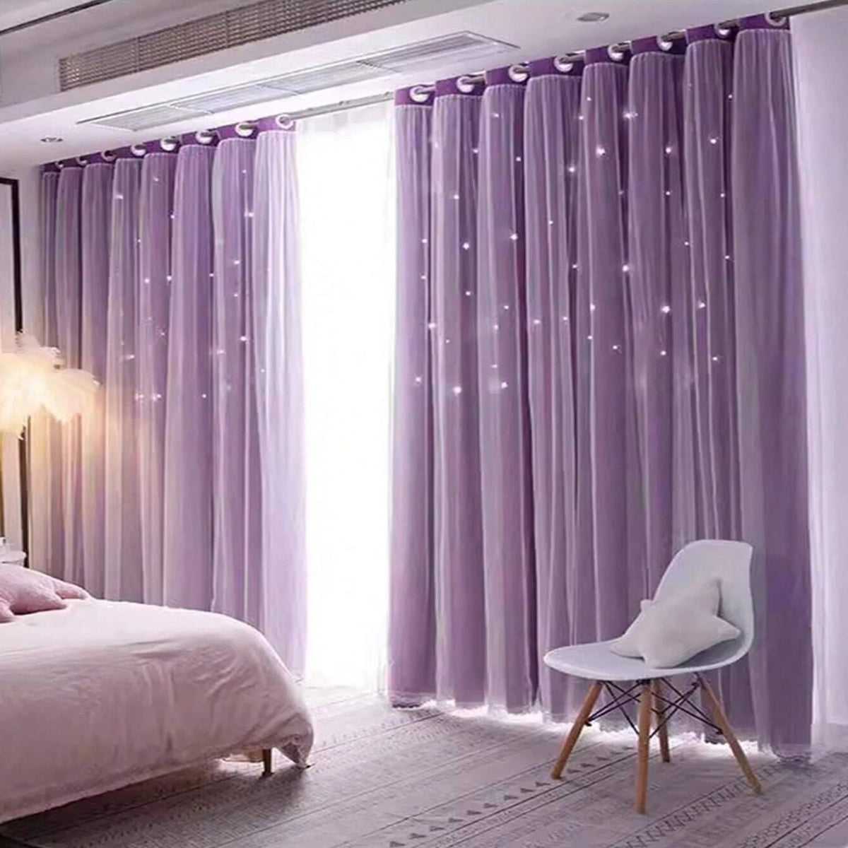 rideau double couche violet clair motif étoiles blanches voile transparent moderne salon chambre coucher
